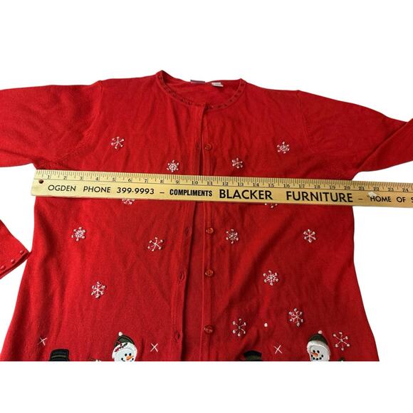 Medium Wish For Joy Holiday Sweater Red Snowman Christmas Winter Cardigan - Picture 4 of 9
